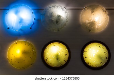 Moscow, Russia, May 2018: Round Multi Colored Wall Sconce Lamps In Supermarket (editorial)