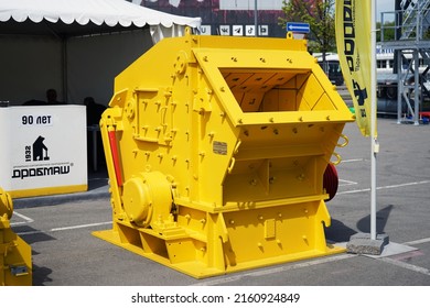 Moscow Russia - May 2022: Industrial crusher presented at the international exhibition of modern technologies in the construction industry.