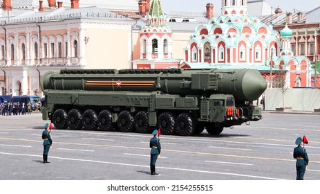 Moscow, Russia, May 2022: Strategic missile systems Yars are passing by Red Square. The main rehearsal of the military parade