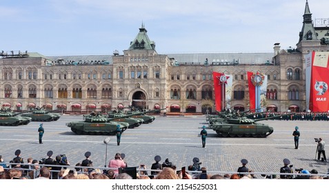 Moscow, Russia, May 2022: T-72 BZM Main Battle Tanks Are Passing By Red Square On Rehearsal Of The Military Parade