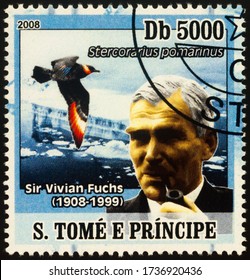 Moscow, Russia - May 21, 2020: stamp printed in Sao Tome and Principe shows portrait of Sir Vivian Ernest Fuchs (1908-1999), English explorer of Antarctica, circa 2008