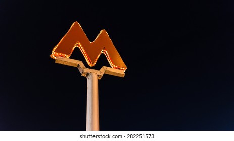 MOSCOW, RUSSIA May 23, 2015: The Moscow Metro Sign Isolated At Night 