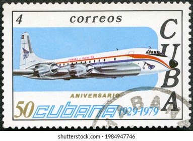 MOSCOW, RUSSIA - MAY 23, 2020: A Stamp Printed In Cuba Shows Douglas DC 6, Series The 50th Anniversary Of The Cuban Airlines, 1979