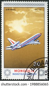 MOSCOW, RUSSIA - MAY 23, 2020: A Stamp Printed In Mongolia Shows McDonnell Douglas DC 10, Series Civil Aviation, 1984