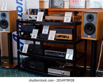 Moscow, Russia - May 23, 2021: Cayin Tube Stereo Amplifiers, Arcam Network Player, Old School Bookshelf Speakers, Pro-Ject Vinyl Player And Phono Stage