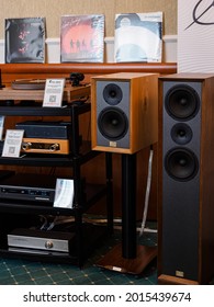 Moscow, Russia - May 23, 2021: Cayin Tube Stereo Amplifiers, Arcam Network Player, Old School Bookshelf Speakers, Pro-Ject Vinyl Player And Phono Stage