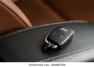 MOSCOW, RUSSIA - MAY 23, 2021 Hyundai Company Logo Close-up View On The Car Keys. Close Up Of A Car Key Ring And Remote Control Alarm System.