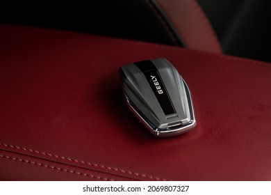 MOSCOW, RUSSIA - MAY 23, 2021 Geely Company Logo Close-up View On The Car Keys. Close Up Of A Car Key Ring And Remote Control Alarm System. 