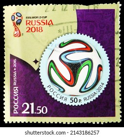 MOSCOW, RUSSIA - MAY 28, 2020: Postage Stamp Printed In Russia Shows Russia In The World Cup FIFA, 2014 Year, FIFA World Cup 2018 Russia Serie, Circa 2016