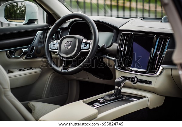 MOSCOW, RUSSIA - MAY 3,\
2017 VOLVO V90 CROSS COUNTRY, interior view. Test of new Volvo V90\
Cross Country. This car is AWD SUV with business-class saloon. D4\
engine.