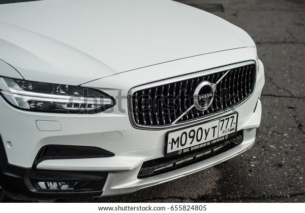 MOSCOW, RUSSIA - MAY 3,\
2017 VOLVO V90 CROSS COUNTRY, front-side view. Test of new Volvo\
V90 Cross Country. This car is AWD SUV with business-class saloon.\
D4 engine.