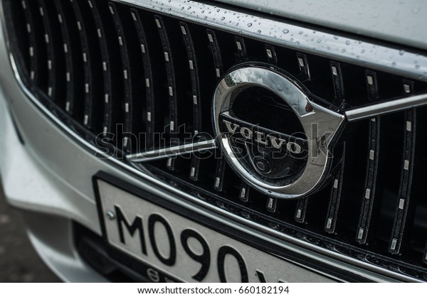 MOSCOW,\
RUSSIA - MAY 3, 2017 VOLVO V90 CROSS COUNTRY, front-side view. Test\
of new Volvo V90 Cross Country. This car is AWD SUV with\
business-class saloon. VOLVO close-up\
logo.