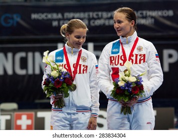 MOSCOW, RUSSIA - MAY 31 2015: E. Dyachenko And S. Velikaya On Podium On The World Fencing Moscow Sabre Grand Prix In Luzhniki Sport Palace