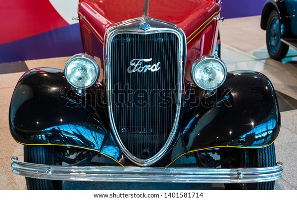 MOSCOW, RUSSIA - MAY 6, 2019: Exhibition of retro\
cars (Domodedovo Airport). Vintage car Ford, production - England,\
Germany