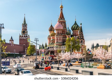 Moscow, Russia - may 7, 2018: Pokrovsky Cathedral and Vasilevsky descent in Moscow. Red square and Kremlin view
