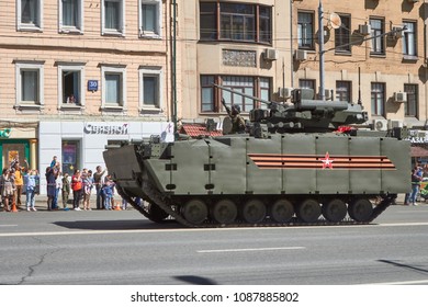 Moscow. Russia. May 9 2018. Victory Day Parade. Kurganets-25 Tracked Heavy Armored Vehicle Based On Armata Next Generation Heavy Military Vehicle Combat Platform.