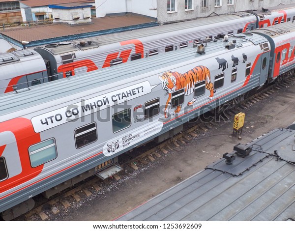 MOSCOW, RUSSIA, MAY.21, 2018:\
Russian Railways passenger train coaches with Amur tiger on the\
bodyshell in Rizhskaya depot under maintenance. Save wild animals\
concept