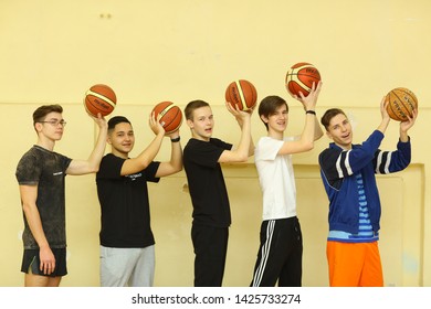 Moscow, Russia, May22,2019: School Students Having Physical Training Class In Moscow Lyceum.