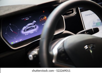 MOSCOW, RUSSIA - NOV 23, 2016: Interior of cabin of the Tesla Model S car.