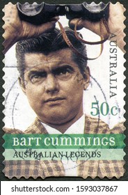 MOSCOW, RUSSIA - NOVEMBER 03, 2019: A Stamp Printed By Australia Shows James Bartholomew Bart Cummings (1927-2015), Horse Trainer, With Binoculars, Australian Legends, 2007