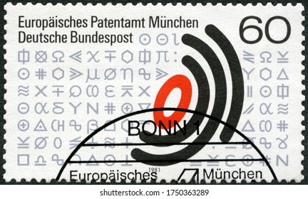 MOSCOW, RUSSIA - NOVEMBER 03, 2019: A stamp printed in Germany shows European Patent Office Centenary, 1981