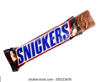 MOSCOW. RUSSIA - November 04, 2015: Snickers Candy Chocolate Bar Made By Mars Inc.