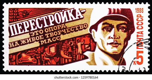 MOSCOW, RUSSIA - NOVEMBER 10, 2018: A Stamp Printed In USSR (Russia) Shows Perestroika, Serie, Circa 1988