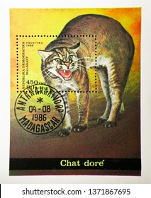 MOSCOW, RUSSIA - NOVEMBER 10, 2018: A Stamp Printed In Madagascar Shows African Golden Cat (Profelis Aurata), Wildcats Serie, Circa 1986