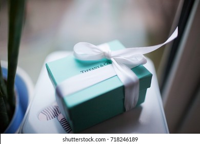 MOSCOW, RUSSIA – NOVEMBER 11, 2012: Tiffany Box Of Engagement Rings With A Bow