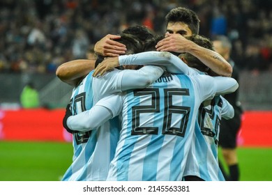 Moscow, Russia – November 11, 2017. Argentina national football team players celebrating Sergio Aguero’s goal in international friendly Russia vs Argentina (0-1)