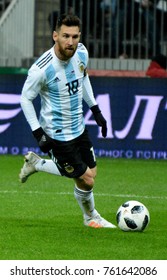 Moscow, Russia - November 11, 2017. Argentina national football team captain Lionel Messi during international friendly against Russia in Moscow.