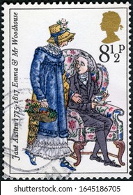 MOSCOW, RUSSIA - NOVEMBER 12, 2019: A stamp printed in Great Britain shows Emma and Mr Woodhouse from Emma, Illustrations by Barbara Brown of Characters from Jane Austens Novels, 1975