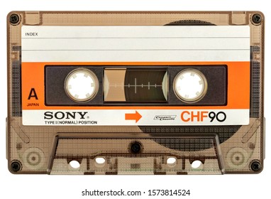 Moscow, Russia - November 16, 2019: Compact cassette Sony CHF, side A, isolated on white background.