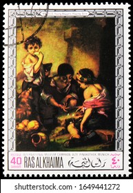 MOSCOW, RUSSIA - NOVEMBER 16, 2019: Postage Stamp Printed In Ras Al Khaimah (United Arab Emirates) Shows Beggar Boys Playing Dice; By Bartolomé Esteban Murillo (1618-1682), Serie, Circa 1968