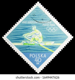 MOSCOW, RUSSIA - NOVEMBER 16, 2019: Postage Stamp Printed In Poland Shows Rowing (single), Olympic Games 1964 - Tokio Serie, Circa 1964