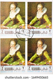 MOSCOW, RUSSIA - NOVEMBER 16, 2019: Four Postage Stamps Printed In Ras Al Khaimah UAE Shows Reading Young Woman; By Jean Honore Fragonard (1732-1806), Mother's Day: Paintings Serie, Circa 1968