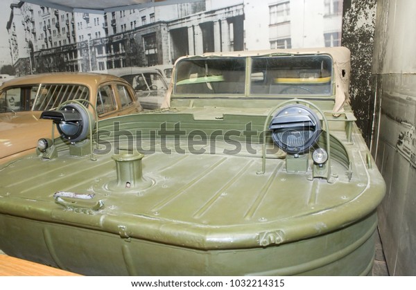Moscow, RUSSIA -\
November 20, 2011: Soviet military floating car GAZ-011 on the\
basis of all-terrain vehicle GAZ-67B in the exhibition Polytechnic\
Museum, view of the\
lights