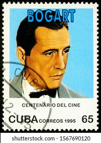 Moscow, Russia - November 22, 2019: stamp printed in Cuba shows Humphrey DeForest Bogart (1899-1957), American film and theater actor, the greatest male star of classic American cinema, circa 1995