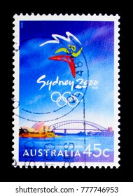 MOSCOW, RUSSIA - NOVEMBER 23, 2017: A Stamp Printed In Australia Shows Sydney Emblem, Olympic Games Serie, Circa 1999