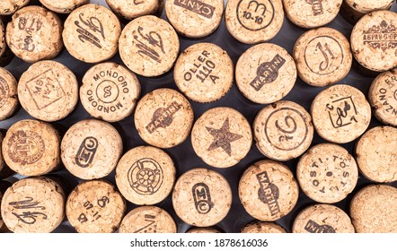 Moscow, Russia, November 23, 2020: Top Of Champagne Corks Close-up As Background. Champagne Cork Texture. View From Above.