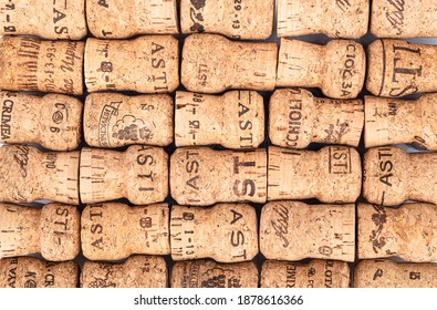 Moscow, Russia, November 23, 2020: Rows Of Champagne Corks Close-up As Background. Champagne Cork Texture. View From Above.