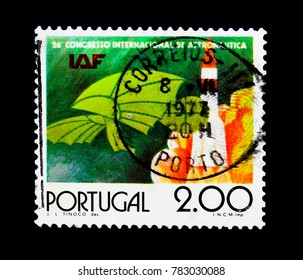 MOSCOW, RUSSIA - NOVEMBER 24, 2017: A Stamp Printed In Portugal Devoted To 26th Congress Of The International Astronautical Federation, Serie, Circa 1976