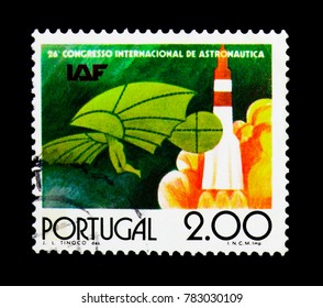 MOSCOW, RUSSIA - NOVEMBER 24, 2017: A Stamp Printed In Portugal Devoted To 26th Congress Of The International Astronautical Federation, Serie, Circa 1976