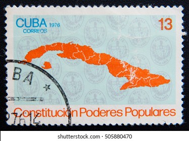 MOSCOW RUSSIA - NOVEMBER 25, 2012: A stamp printed in Cuba shows Map of Cuba, Cuba - The Constitution of Popular Government serie, circa 1976