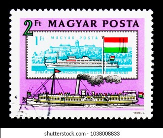 MOSCOW, RUSSIA - NOVEMBER 26, 2017: A Stamp Printed In Hungary Shows Paddlesteamer 