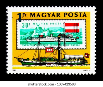 MOSCOW, RUSSIA - NOVEMBER 26, 2017: A Stamp Printed In Hungary Shows Paddlesteamer 