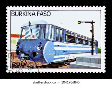 MOSCOW, RUSSIA - NOVEMBER 26, 2017: A Stamp Printed In Burkina Faso Shows Rail Bus, Railway Locomotives Serie, Circa 1985