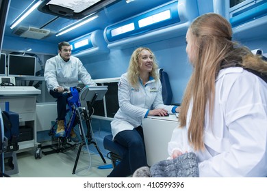 Moscow, Russia - November 28, 2013 - Olympic Medical Training And Support Centre For Russian National Team Shows Their Mobile Testing Vehicle