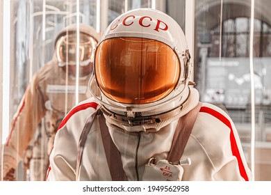 Moscow, Russia - November 28, 2018: Russian astronaut spacesuit Yastreb in Moscow space museum that was specially developed for early Soyuz space vehicle missions