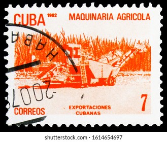 MOSCOW, RUSSIA - NOVEMBER 4, 2019: Postage stamp printed in Cuba shows agricultural machinery, Cuban export, circa 1982